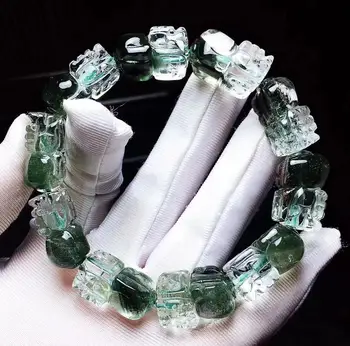 

Natural Green Phantom Quartz Ghost Women Men Crystal Clear Pi Xiu Carved Beads 22x14x11mm Stretch Bracelet AAAAA Certificate