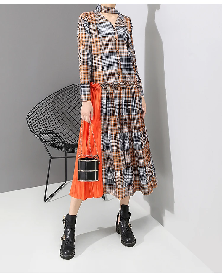 Новинка, корейский стиль, женское оранжевое длинное платье в клетку с лентой, v-образный вырез, плиссированное, стильное, элегантное, модное платье, vestido 5516