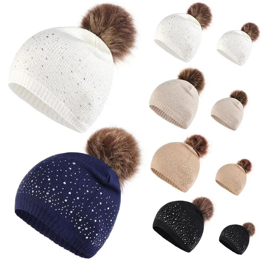 

Adult Baby Kids Winter Hats Girls Boys Knitting Wool Rhinestone Hairball Keep Kids Warm Hemming Hat Hat Winter Cap R0E6