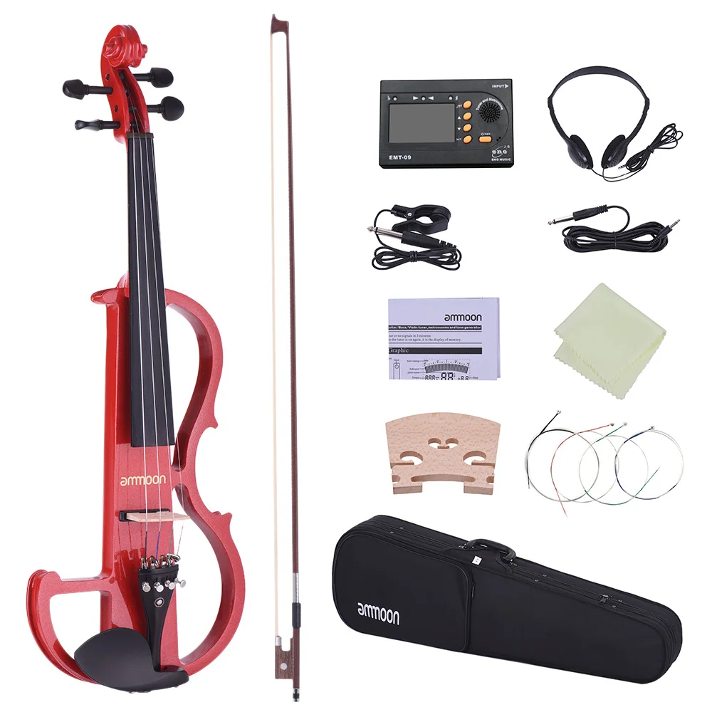 ammoon Full Size 4/4 Solid Wood Electric Silent Violin Fiddle Style-2 Ebony Fingerboard Pegs Chin Rest with Tuner Headphones - Color: Red