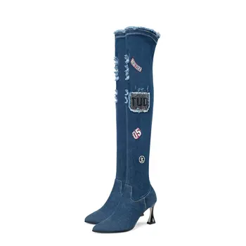 

Large size 34-43 Denim high heels over the knee boots woman women boots poined toe autumn winter female wedding party shoes