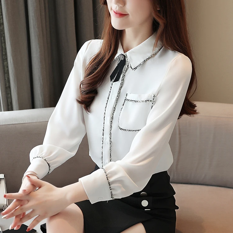 

COIGARSAM Brief Full Sleeve Shirt Womens tops New Spring Office Lady Chiffon Square Collar Women shirts White 867
