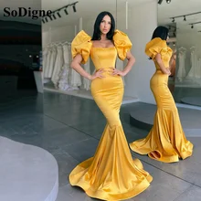 Sodigne amarelo longo sereia fora do ombro vestido de noite mangas curtas u pescoço formal festa de formatura vestidos de festa