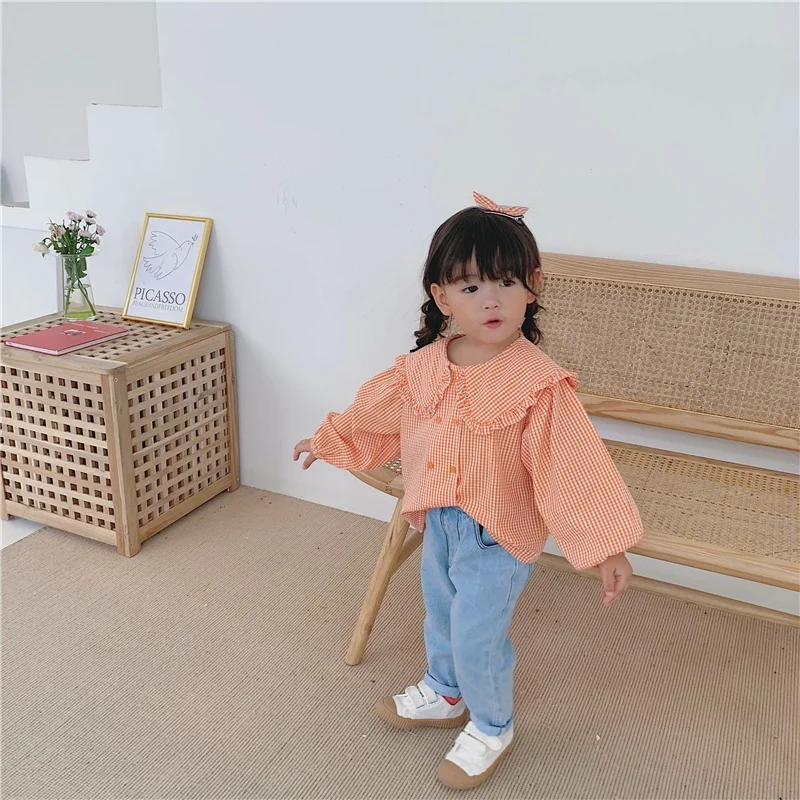 Весенне-осенняя Повседневная модная клетчатая рубашка с длинными рукавами для маленьких девочек детская блузка Лидер продаж