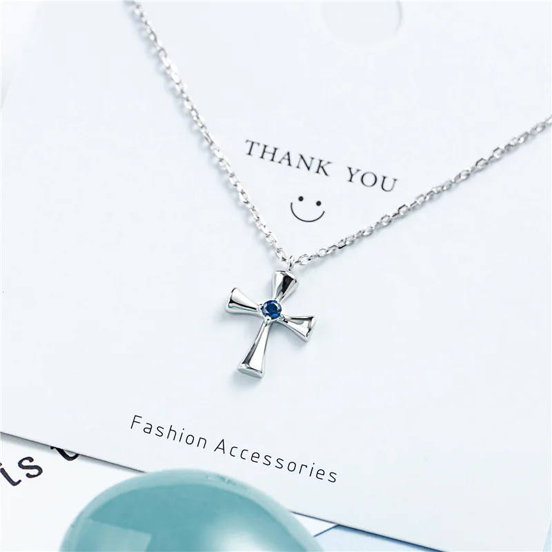 blue mini zircon cross necklace woman 100% 925 Sterling silver nacklace Jewelry Clavicle chain pendant charms gift unisex chain