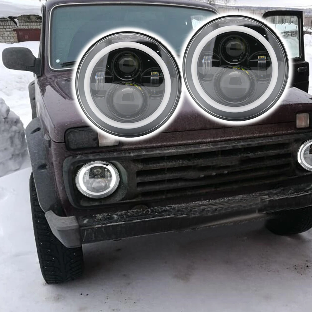 2xFor Lada Niva 4x4 7 дюймов светодиодные фары Hi/ближнего света подсветка Angel Eyes DRL фары для внедорожных Jeep Wrangler suzuki samurai