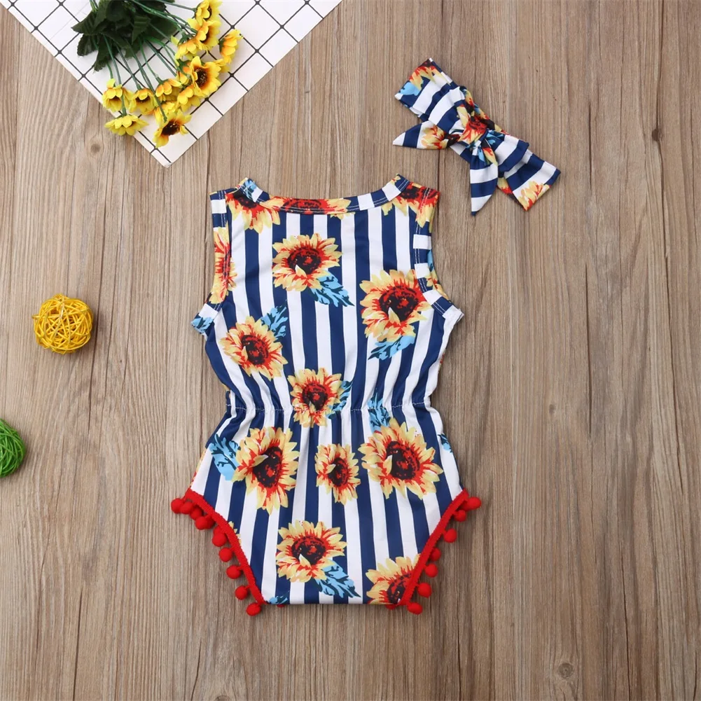 Летняя одежда для малышей боди для маленьких девочек пляжный костюм с кисточками и помпонами повязка на голову с цветочным принтом