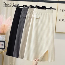 

Dazzle Ages New Fashion Women Lace-up Knit Skirt High Waist A Line Solid Casual Slim Elegant Elastic Split Female Clothes