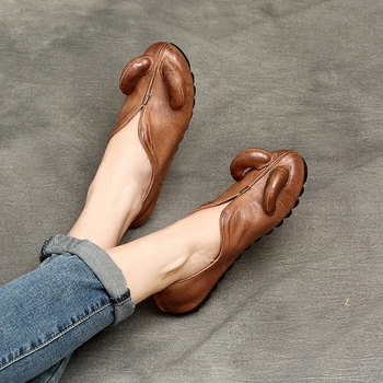 

Women Loafers Leather Low Heels Shoes For Women Soft Genuine Leather Retro Flats Women Horn Cow Lazy Shoes Handmade Brand41