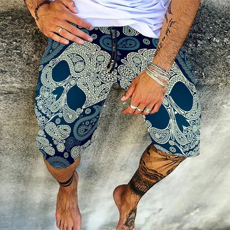 mens casual shorts 2021 Summer Vintage Skull Print Men Cotton Linen Shorts Casual Loose Drawstring Beach Short Pant For Male Fashion Streetwear 4XL mens casual shorts