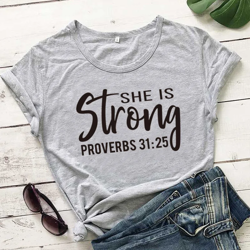 She Is Strong, женские рубашки, христианские, Иисуса, библейские футболки, уличная одежда, хипстер размера плюс, футболка, хлопок, для девушек, Ulzzang, топы, Прямая поставка