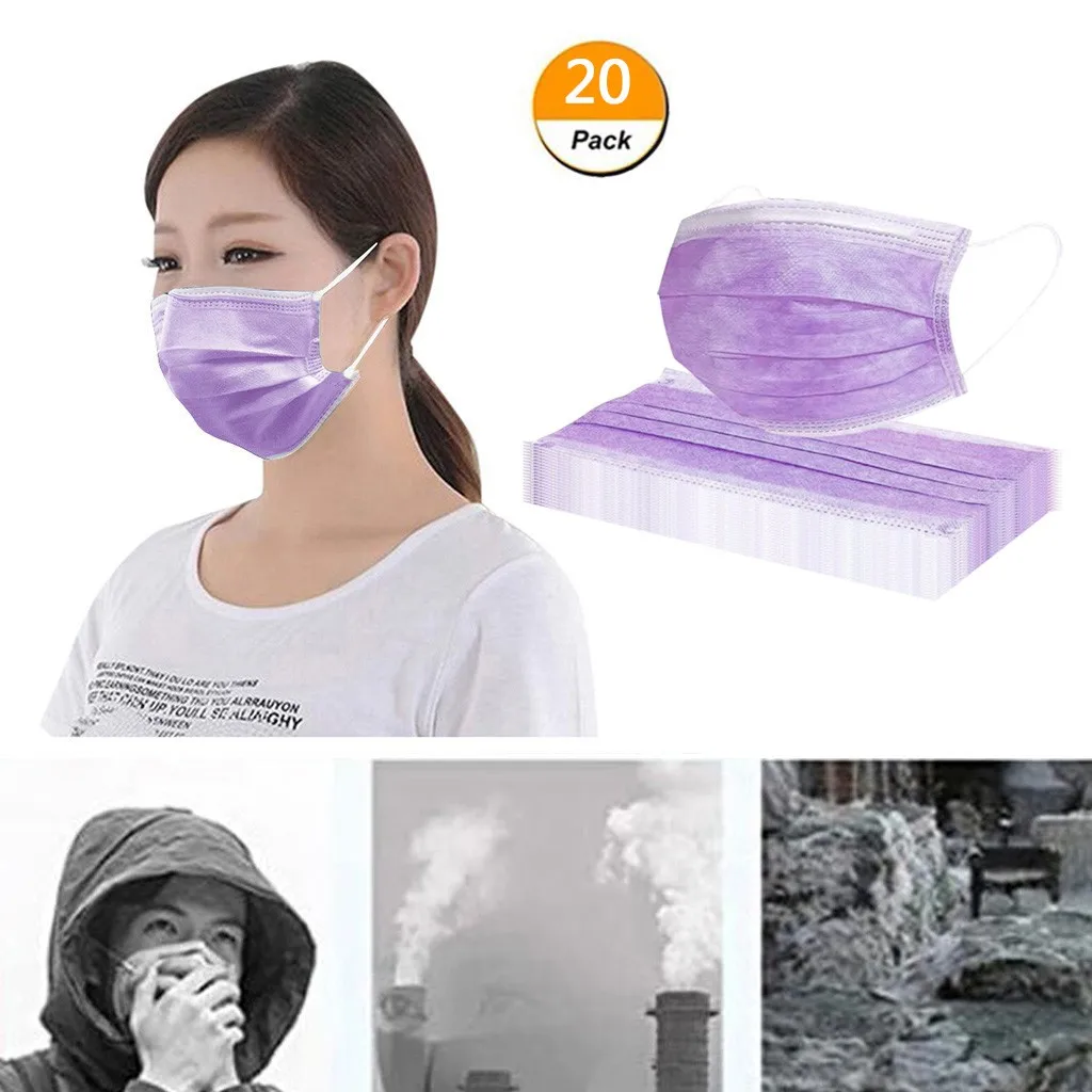 

20pc Purple Disposable Face Masks Adlut Fashion 3 Layer Non-woven Fabric Masks Mouth Cover For Halloween Cosplay Protect-mask