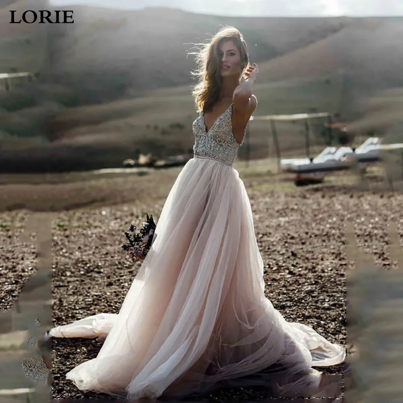 LORIE Boho Trouwjurk Spaghetti Band EEN Lijn Kralen Kristal Backless Strand Trouwjurk vestido de noiva Bruid Jurk 2019 LORIE Boho Trouwjurk Spaghetti Band EEN Lijn Kralen Kristal Backless Strand Trouwjurk vestido de noiva Bruid Jurk 2019