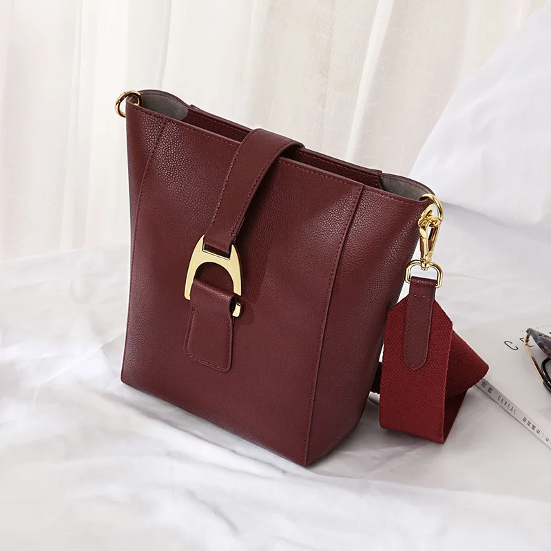 

Genuine Leather Bag 2020 Bucket Female Oblique Satchel Foreign Style Big Capacity Single Shoulder Package
