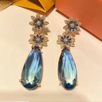 

Flower Ins Light Blue Big Female Earrings Water Drop Tassel Earring Gradient Color Earrings Long Flower Water Dancing Jewelry