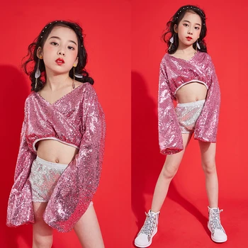 

Children Street Dance Dress Girls Pink Sequin Costume Hip Hop Dance Stage Costume For Kids Jazz Performance Outfit DQL1989