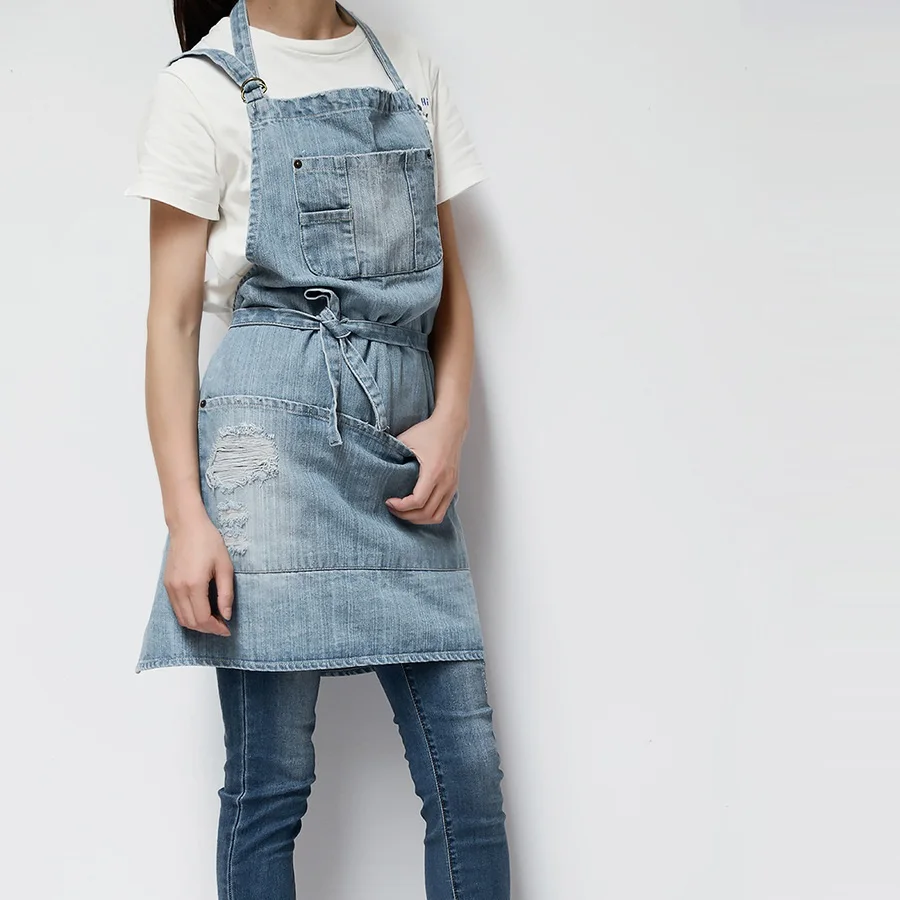 Professiona Korean Adjustable 100% Cotton Denim Apron Kitchen Aprons For Woman Adult Baking Smock Chef Cafe Unisex Jeans Apron