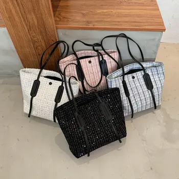 

flax Women Bag Large Capacity Women's Shoulder Bag Female Casual Totes Sequins Portable Shopping Bag Lady Casual HandBag