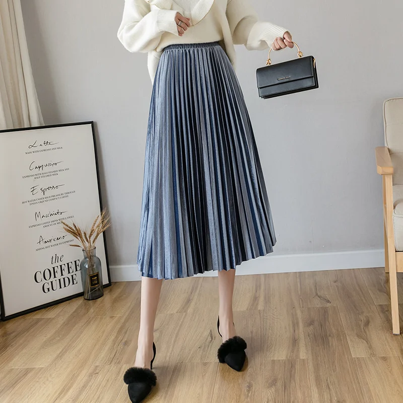 

Brand Designer Women Autumn Winter Elegant Chic Solid Pleated Skirt High Waist Luxury Fashion Elastic Waist Skirt Female