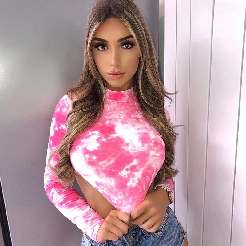 

Women Strappy Crop Top Summer Beach Party Long Sleeve Exposed Back O-Neck Print T-Shirt