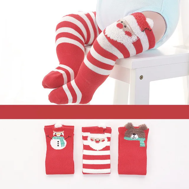 

3 pairs Christmas stocks Autumn and winter stripe cards through the knee baby socks Children's combed cotton Children's stock