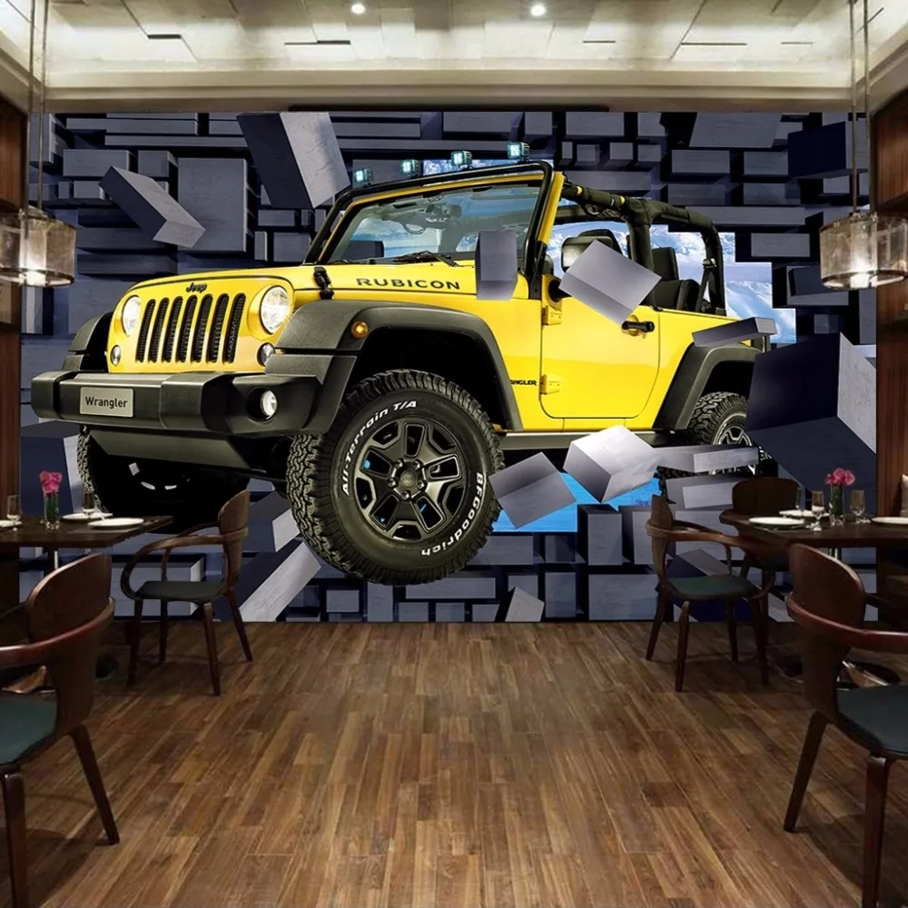 

Drop Shipping Custom Size 3D Car Through The Wall Wall Paintings Stereo Brick Wall Backdrop Decoration Painting Mural Wallpaper
