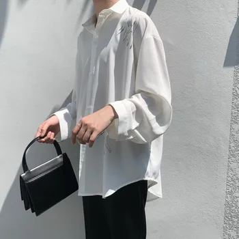 

EWQ / men's wear 2020 spring new Printing vintage large size Shirt Male Long Sleeve Loose White tops casual all-match 9Y445