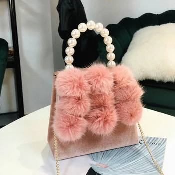 

Women'S Pearl Handle Totes Handbags Rabbit Fur Bag Box Evening Bag Vintage Female Top-Handle Purse Shoulder Bag