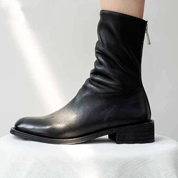 

Luxury brand new winter shoes women's keep warm boots pleated sheep leather thick med-heels handmade mid-calf boots botas mujer