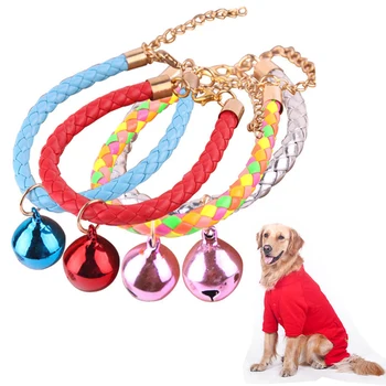 

Fashion Pet Collar With Bell Cat Braided PU leather Puppy Chain Necklace Kitten Hand Woven Neck Collars For Small Dogs Pets