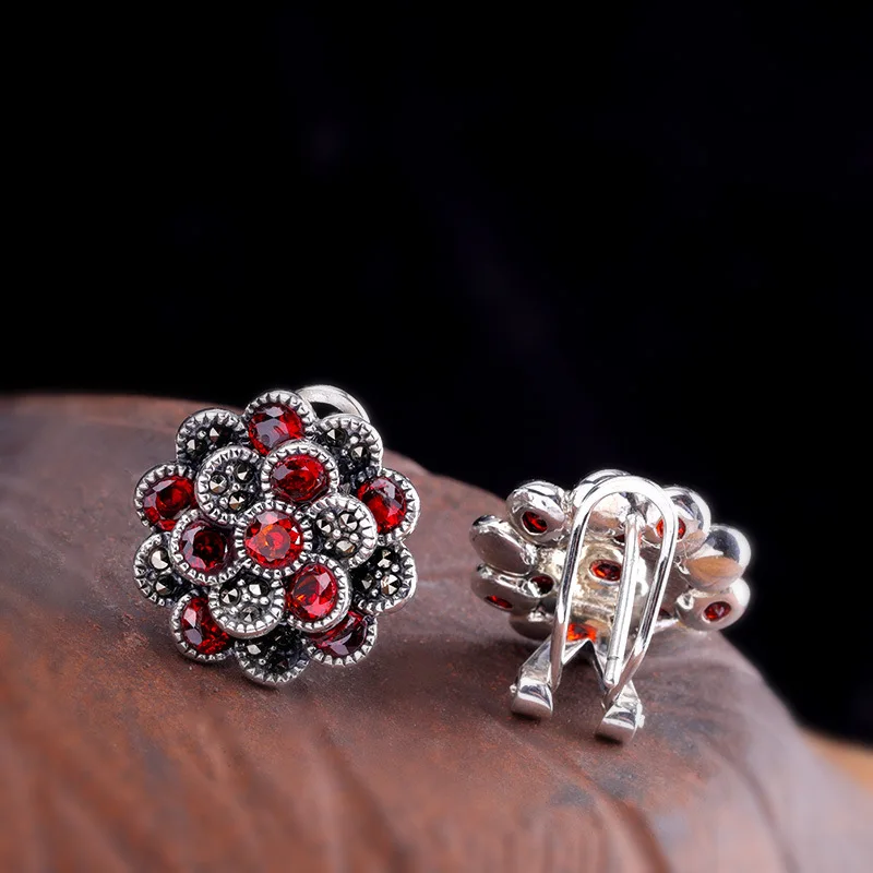 Uglyless Blooming Flower Garnet Earrings for Women Vintage Ethnic Marcasite Stud Earrings Real 925 Silver Brincos Jewelry E1540