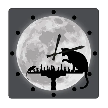 

Cat Playing Chess with Mouse The Moon Background Square Wall Hanging Clock Animal Hunting Board Game Wall Watch Pet Lover Gift
