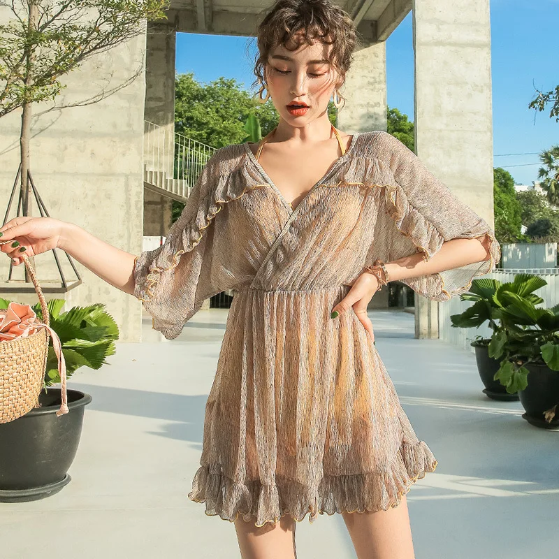 

2019 New Style Bathing Suit Korean-style Bikini Conservative Slimming-Style Push up Chest Half Sleeve Hot Springs Swimwear Bathi