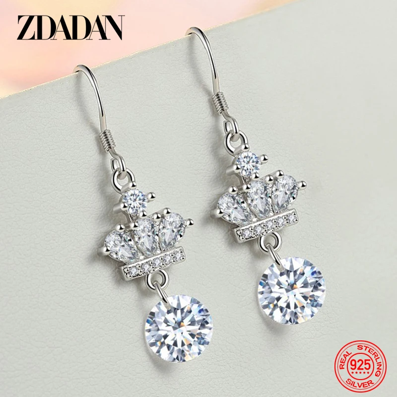 

ZDADAN 925 Sterling Silver Earrings Crown CZ Zircon Long Drop Earrings For Women Wedding Jewelry Party Gifts