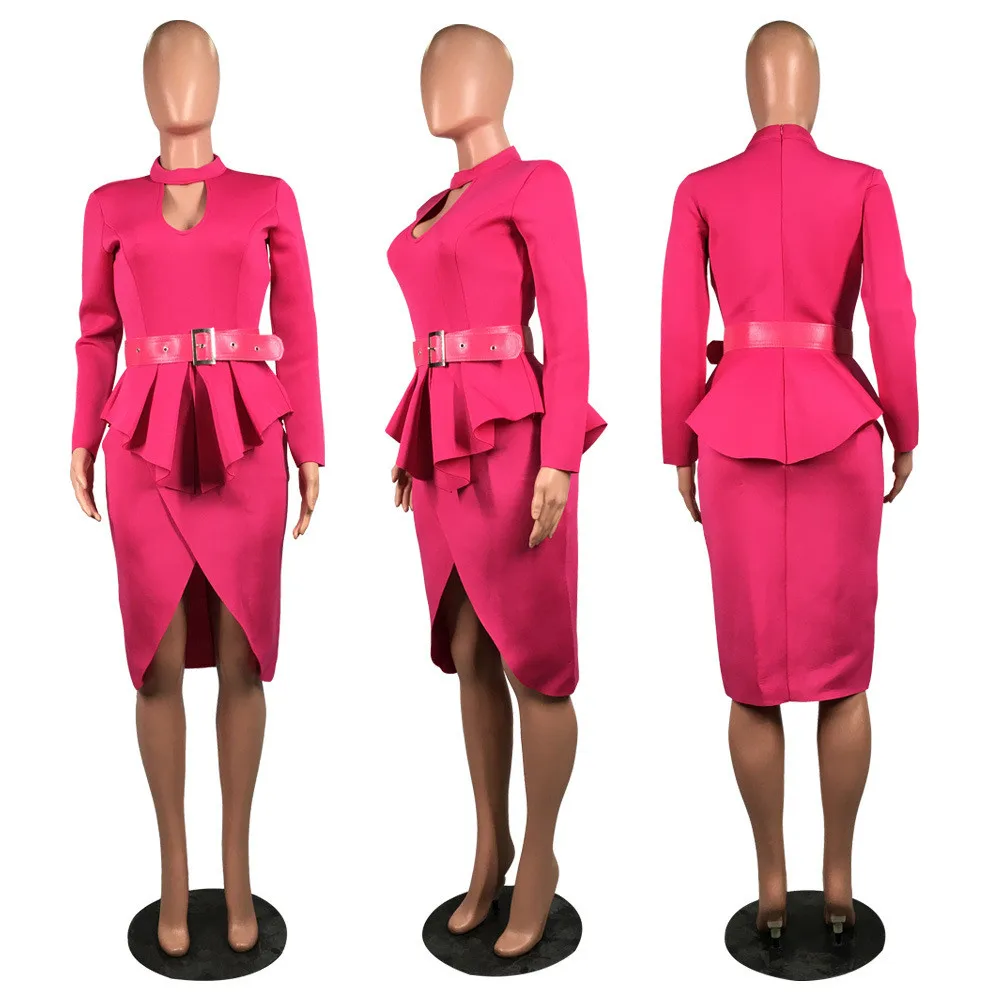 Женская одежда для работы, офисное Деловое платье миди, осень-весна, плиссированное платье с баской и длинным рукавом, облегающее платье, элегантные винтажные вечерние платья - Цвет: Rose Red