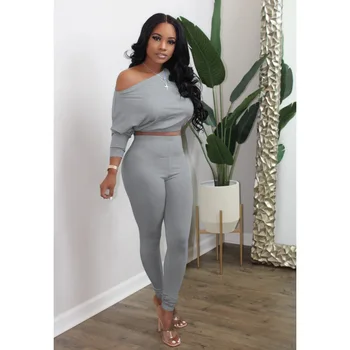 

Sexy Women Sets Off Shoulder Long Sleeve Crop Tops and High Wiast Leggings Soid Color Two Pieces Set Solid Color Suit Femme