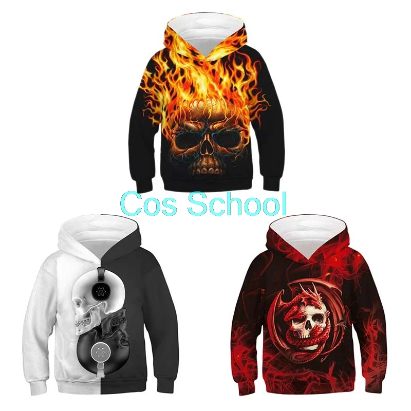 

Cos School Halloween Skull Hoodies Kids Halloween Horror Skeleton Costumes Casual Tops Digital Print Children's Hooded Sweaters