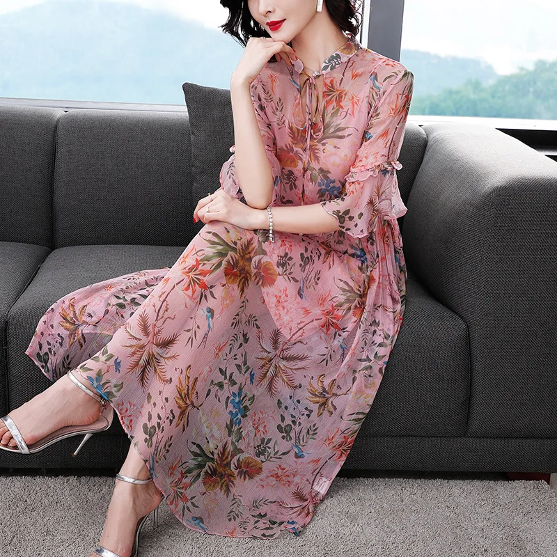 

Separate Station Spring And Summer Loose-Fit Dress Two-Piece 2019 Summer New Style Printed Lace-up Korean-style Medium-length Dr