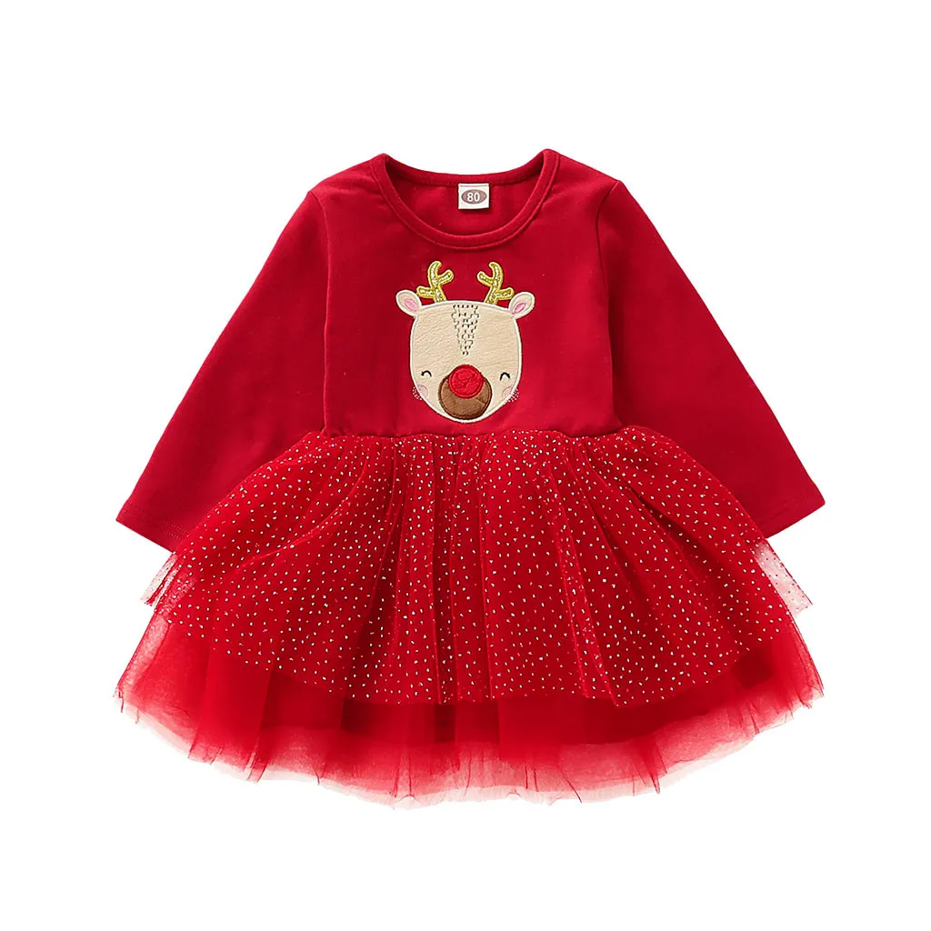 Рождественские платья для маленьких девочек; платье из тюля с длинными рукавами и принтом оленя; Детские платья для девочек; рождественское платье принцессы - Цвет: Red