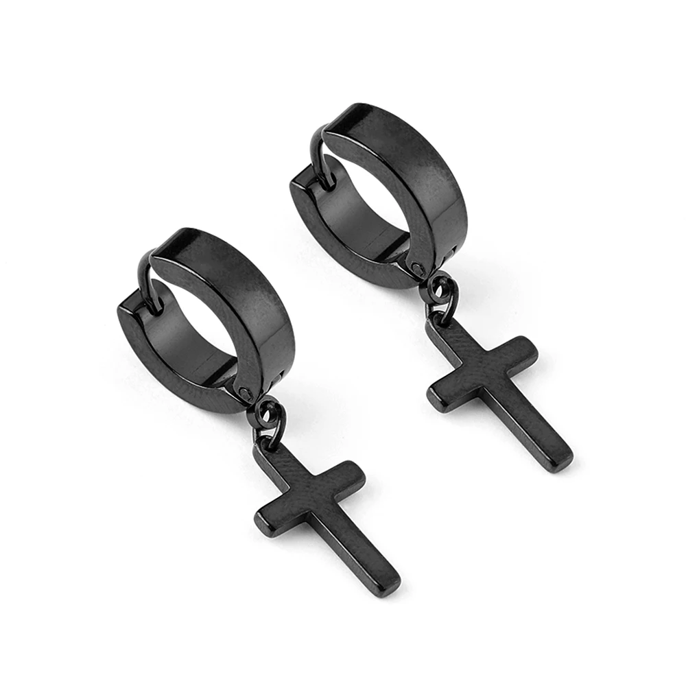 2 Pendientes del Aro con Largo Colgantes Cruz Pendientes para Hombres Mujer Acero Inoxidable