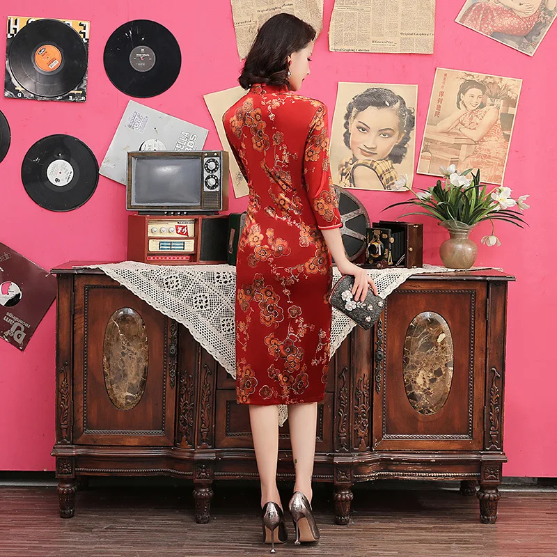 С цветочным принтом, сатиновое платье Qipao для юной леди, воротник-стойка, 3/4 рукав, длинное вечернее платье, сексуальный чонсам, плюс размер 3XL-6XL