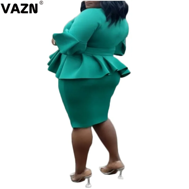 VAZN JLY19027 осеннее платье размера плюс, зеленый цвет, для зрелых лет, повседневное сексуальное модное платье средней длины с коротким рукавом и высокой талией