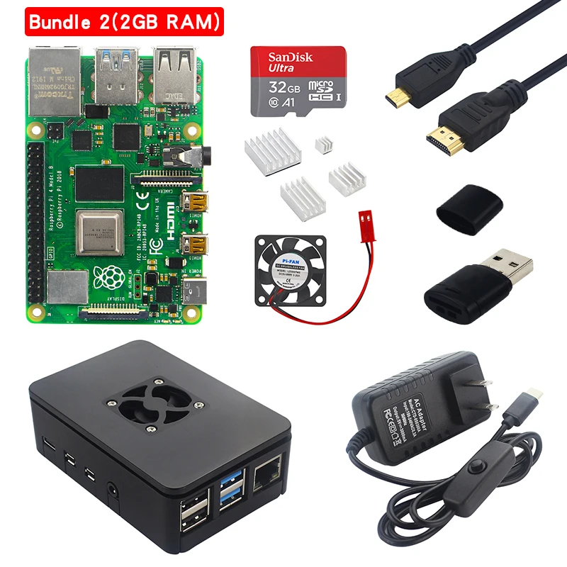Raspberry Pi 4 Модель B комплект 2G/4G ram плата+ ABS чехол+ радиатор+ 32/64 sd-карта+ Кабель Micro HDMI+ адаптер питания для Pi 4 4B