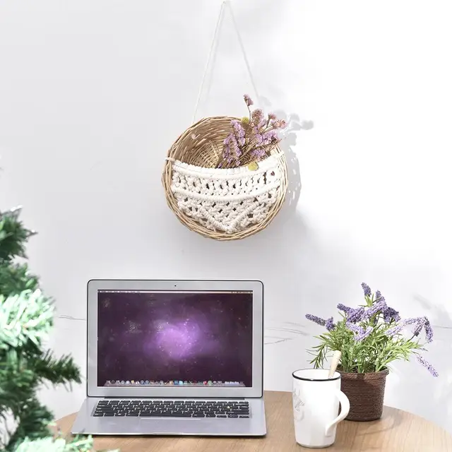 Csipke Makrame Fal Függő Szövött Virág Edény Rattan Bohém Stílusú Dekoratív Kertészeti Kosár Növény Fogas - Image 5