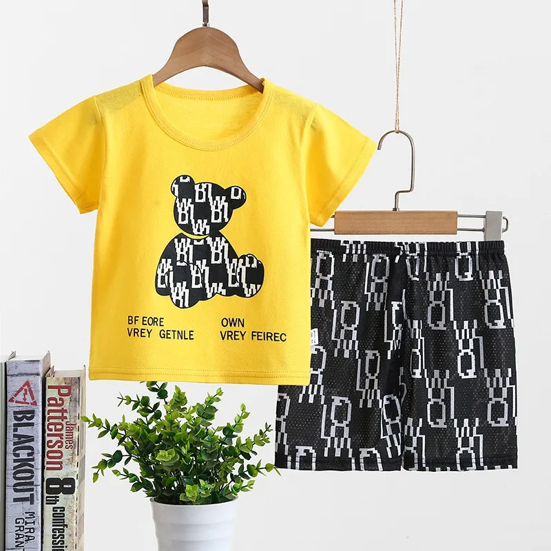 2pcs/set Fashion Boys Cartoon Black Bear Kids Suit Infantil Short Sleeve Clothes 2 Piece Set Girl Summer Outfits 1 2 3 4 5 Years