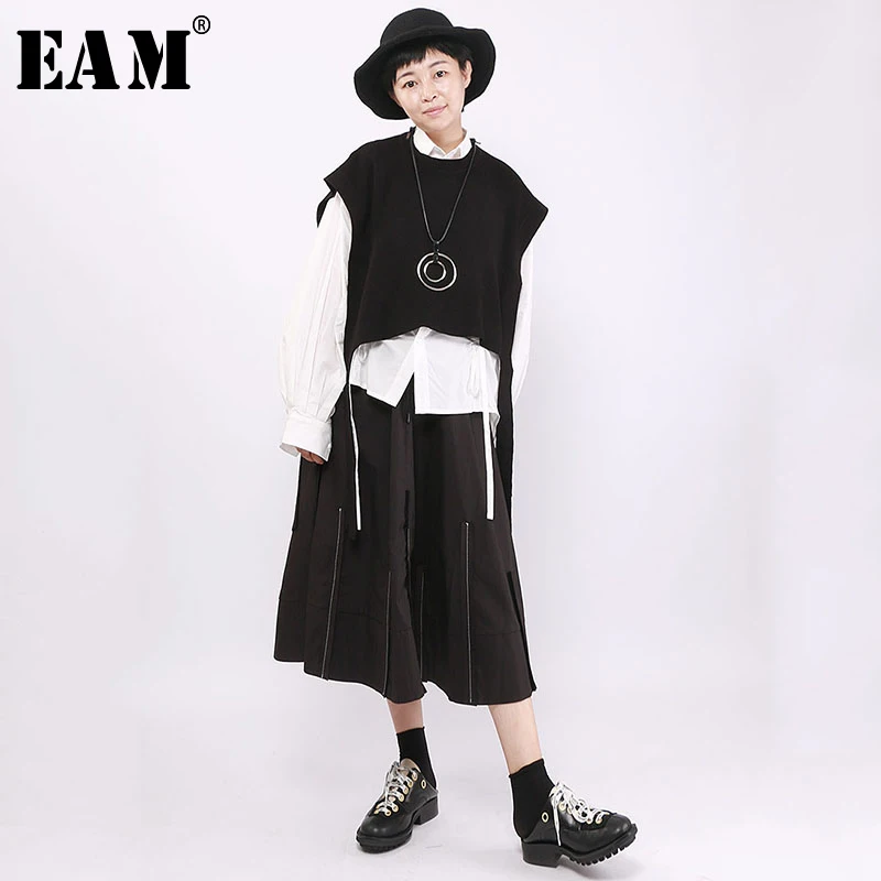 

[EAM] Women Loose Fit Black White Strap Simple Vest New Round Collar Sleeveless Fashion Tide All-match Spring Autumn 2019 1A807