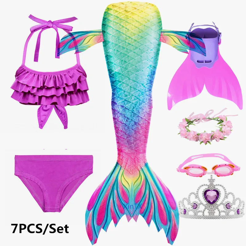 7PCS as picture show Новинка! 7 шт./компл. русалки для девочки Моноласты, хвосты для купания венок-Корона Goggle с хвостом русалки, купальный костюм для девочек, купальник-бикини, плавательный костюм, костюм - Цвет: 7PCS as picture show