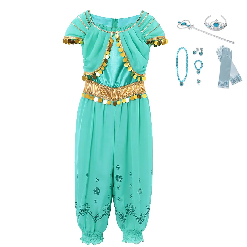 Аладдин, жасмин платье принцессы для девочек кружевное платье с блестками зеленого буфами на рукавах Рубашка с короткими рукавами Аравийский Комбинезоны детская Наряжаться вечерние костюмы - Цвет: Jasmine Sets 4
