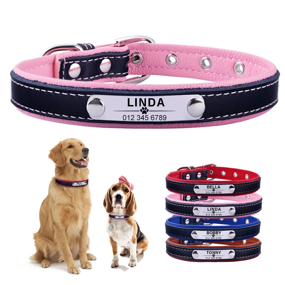 AiruiDog Adjustable Personalized Dog Collar Leather Puppy ID Name Custom Engraved XS-L