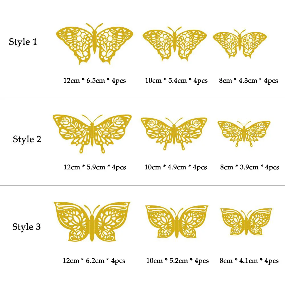 Adesivi Murali 3D Farfalle Oro – 24 Pezzi In 3 Misure (8,10,12 Cm) – Decorazione Fai Da Te Per Camera Bambini, Matrimoni, Feste – Con Punti Biadesivi
